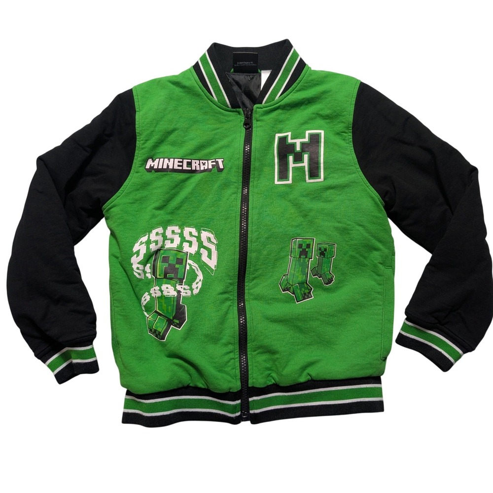 Minecraft Creeper Kids Size 7 Varsity Bomber Jacket Green Black Zip Up Quilted